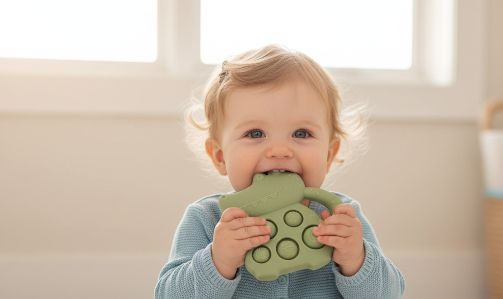 Inel de Dentiție din Silicon cu Pop-it Crocodil - Verde